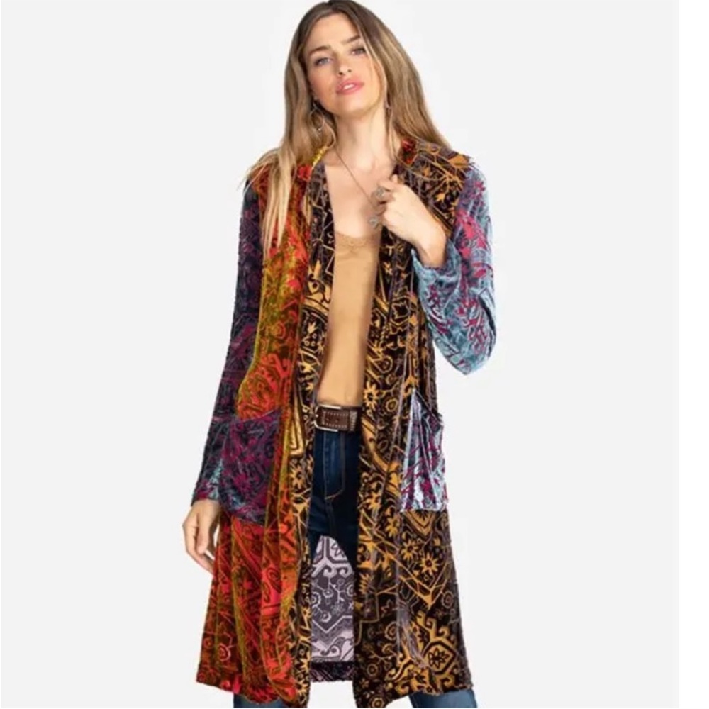 Johnny Was Multicolor Velvet Patchwork Duster - Gold, Red, Blue, Purple